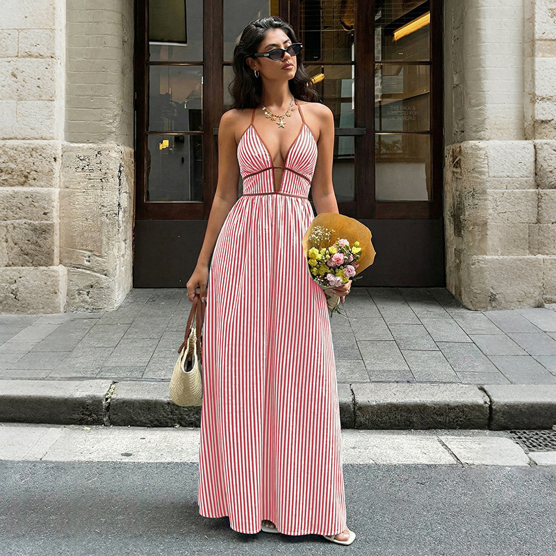 Striped V-Neck Backless Halter Maxi Dress for Summer