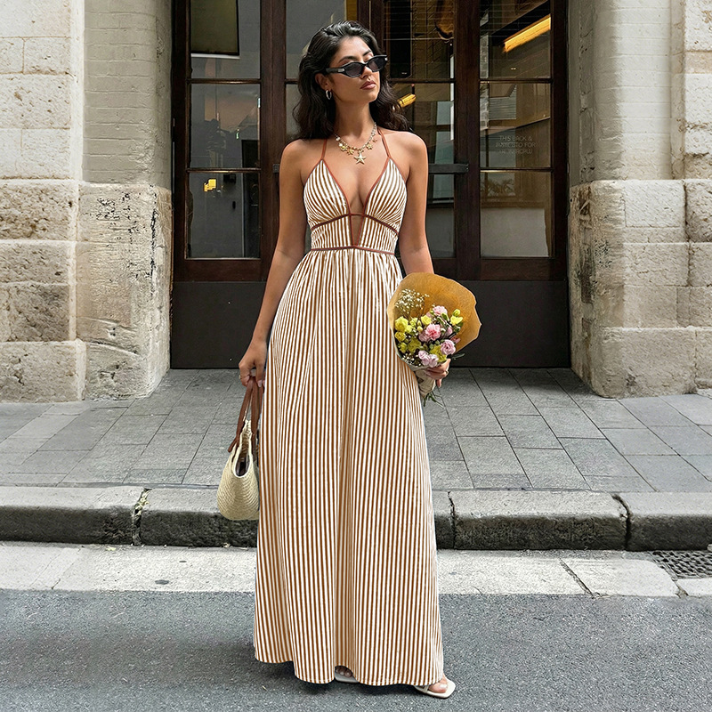 Striped V-Neck Backless Halter Maxi Dress for Summer