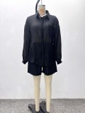 Plus Size Women's Long Sleeve Turndown Collar Shirt & Shorts Two-Piece Set