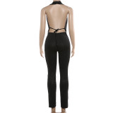 Women's Spring Sexy Draped Neck Backless Halter Neck Top & Pants Two-Piece Set