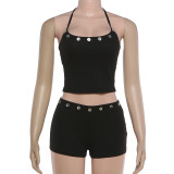 Women's Spring Sexy Crop Halter Neck Top & Shorts Two-Piece Set