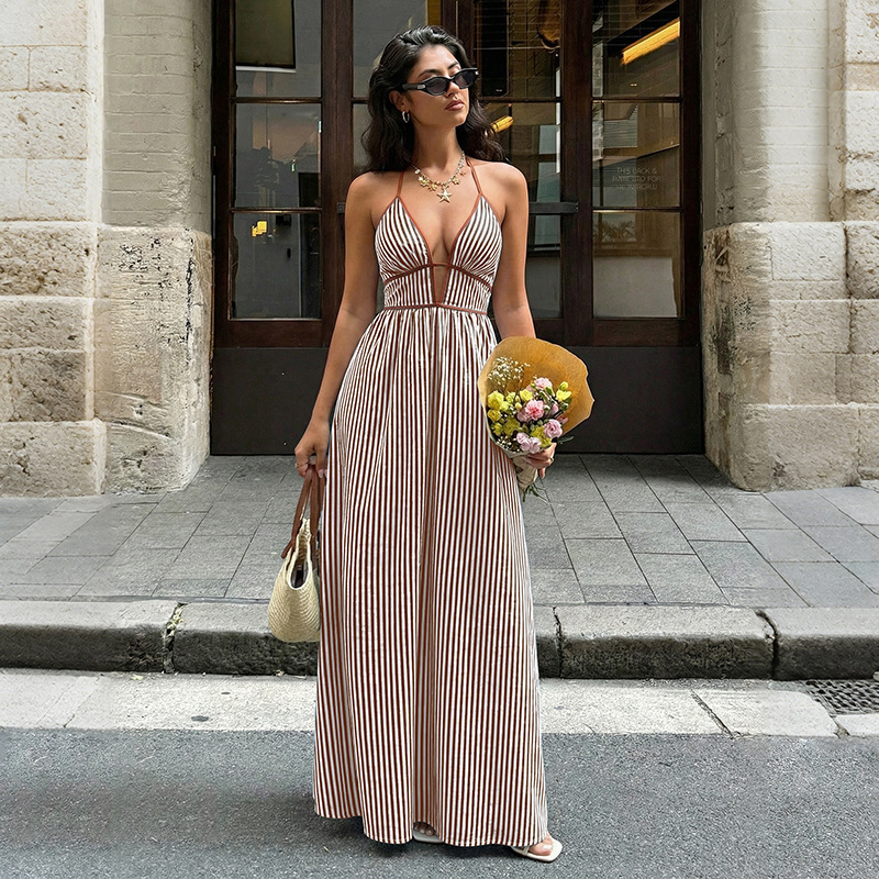 Striped V-Neck Backless Halter Maxi Dress for Summer