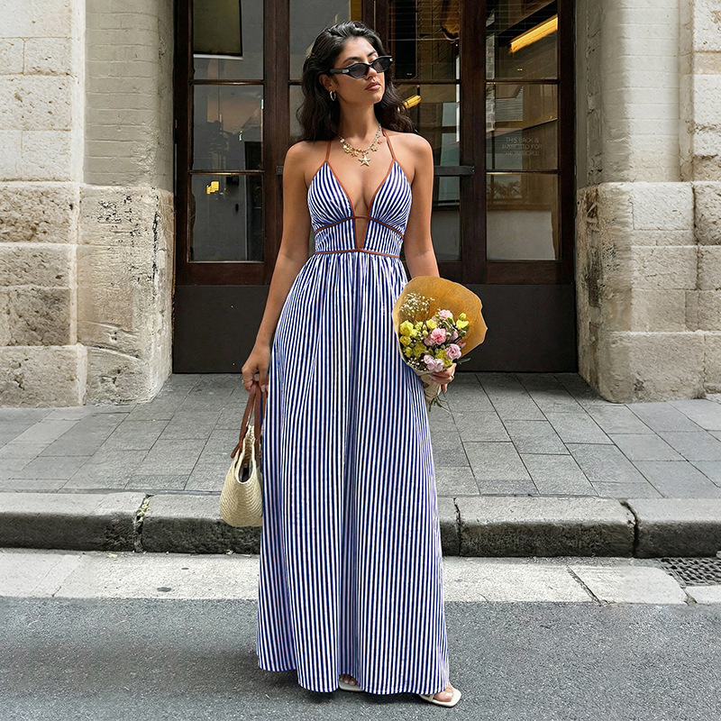 Striped V-Neck Backless Halter Maxi Dress for Summer