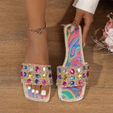 Women's Colorful Rhinestone Summer Beach Flat Slippers