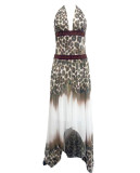 Women's Summer Halter Neck Leopard Patchwork Sexy Backless Beaded Maxi Dress