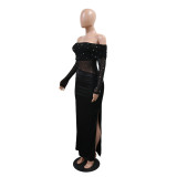 Women's Sexy Strapless with High Slit and Beading Maxi Dress