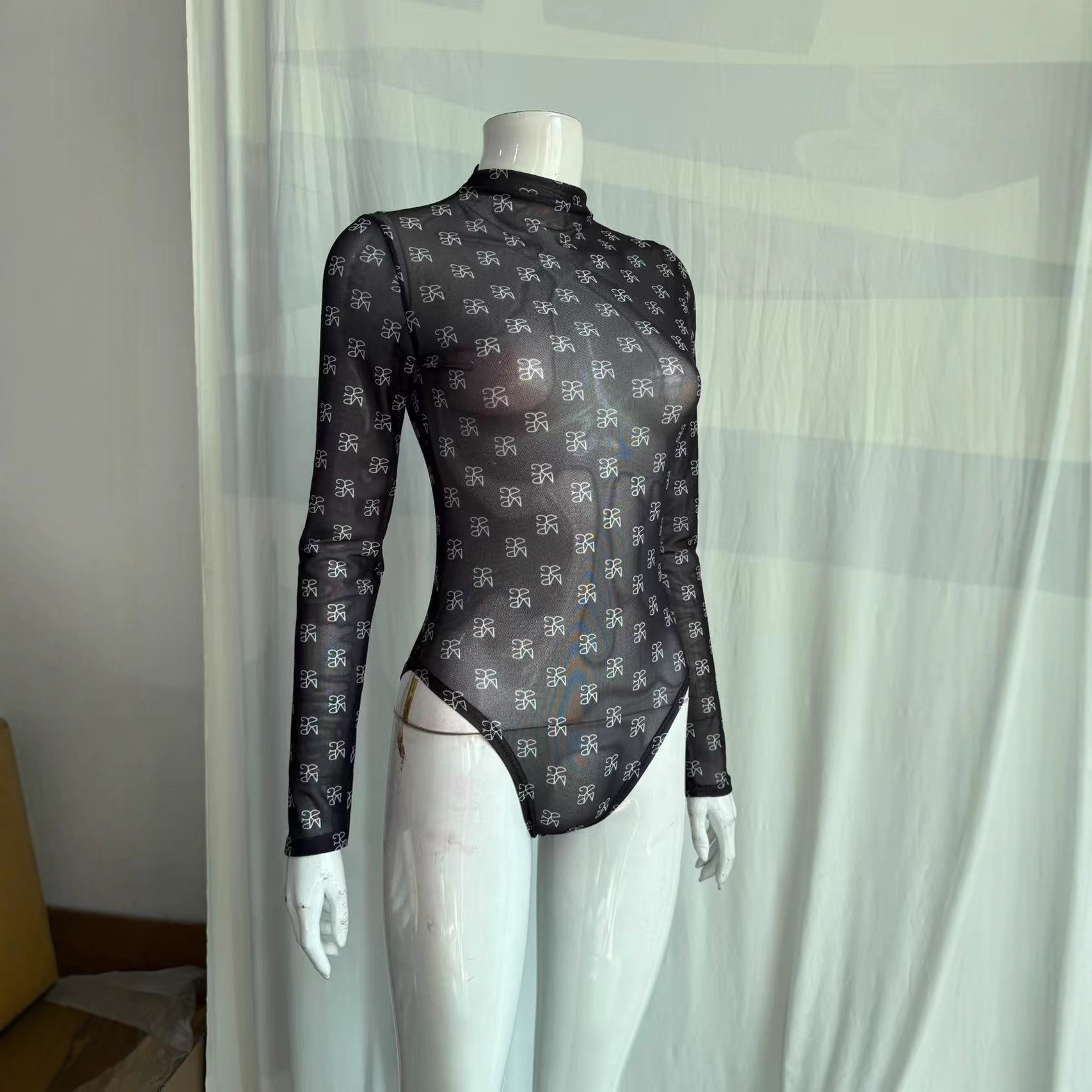 Printed Mesh See-Through Stretchy Bodysuit for Club Wear