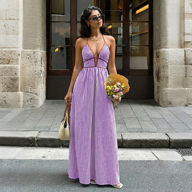 Striped V-Neck Backless Halter Maxi Dress for Summer