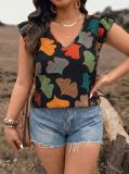 Plus Size Women's V-Neck Ruffled Printed Short Sleeve Top