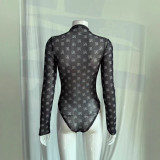 Women's Long Sleeve Printed Mesh See-Through Stretch Sexy Basic Bodysuit