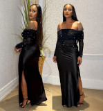 Women's Sexy Strapless with High Slit and Beading Maxi Dress