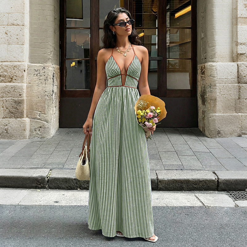 Striped V-Neck Backless Halter Maxi Dress for Summer