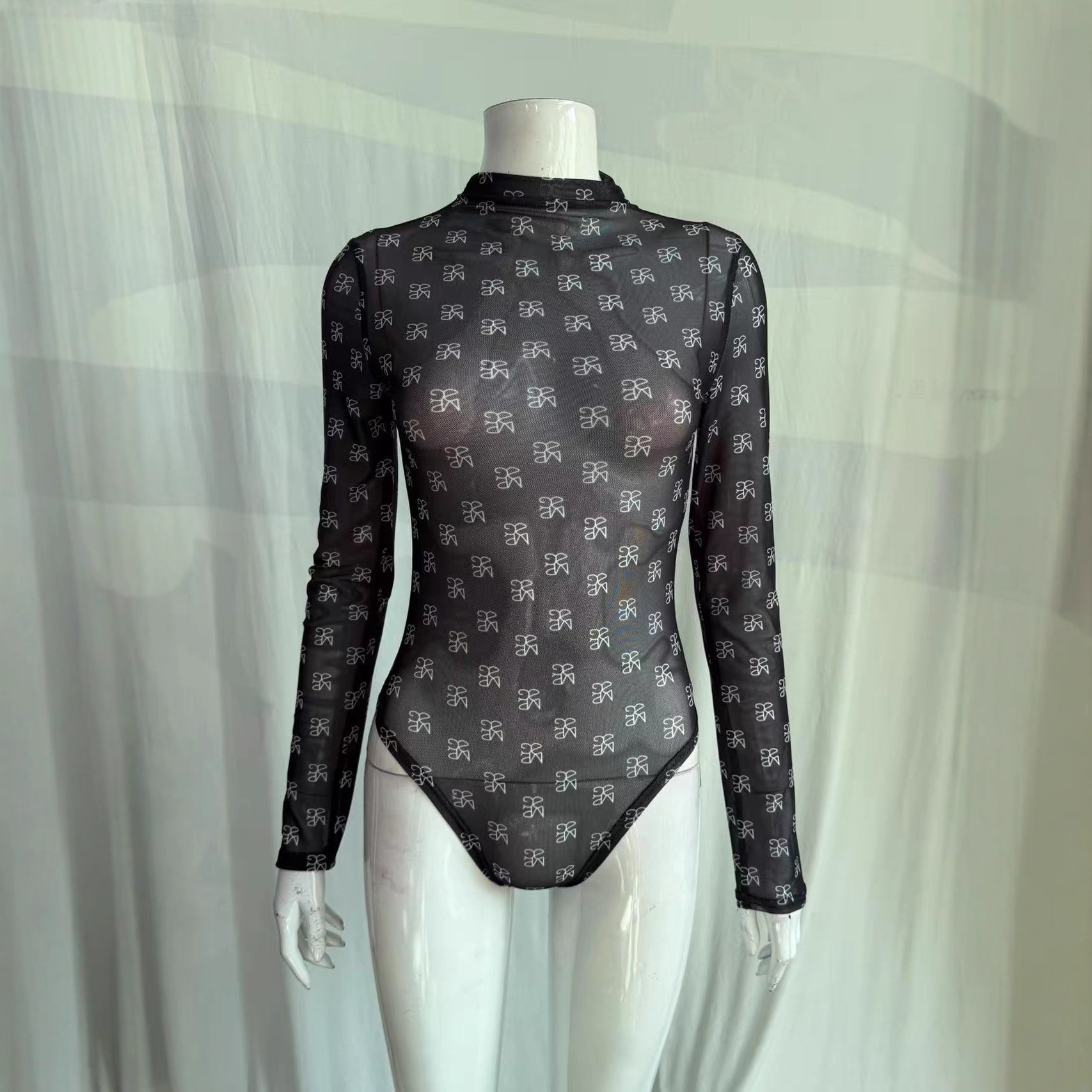 Printed Mesh See-Through Stretchy Bodysuit for Club Wear