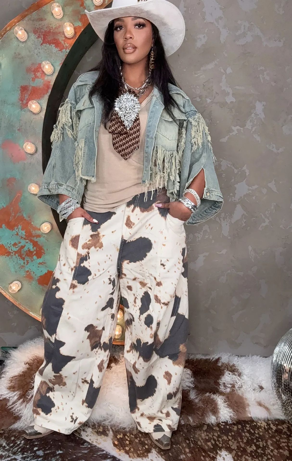 Cow Print Straight Jeans for Western Style Streetwear