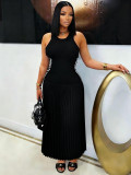 Women Maxi Dress Striped Sleeveless Pleated Slim Waist Long Dress