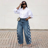 Women Denim Pants Star Print Streetwear Jeans