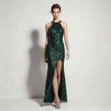 Women Evening Dress Halter Neck Sequin High Slit Slim Fit Party Gown