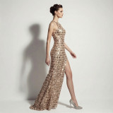 Women Evening Dress Halter Neck Sequin High Slit Slim Fit Party Gown