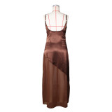 Women Evening Dress Satin Chiffon Patchwork Strap Maxi Dress