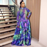 Women Maxi Dress Abstract Print Mesh Patchwork Stand Collar Gown