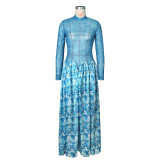Women Maxi Dress Abstract Print Mesh Patchwork Stand Collar Gown