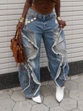 Women Denim Pants Ripped Raw Edge Street Jeans