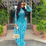 Women Maxi Dress Abstract Print Mesh Patchwork Stand Collar Gown
