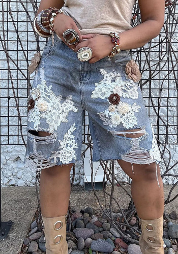 Women Denim Shorts Lace Ripped Casual Shorts
