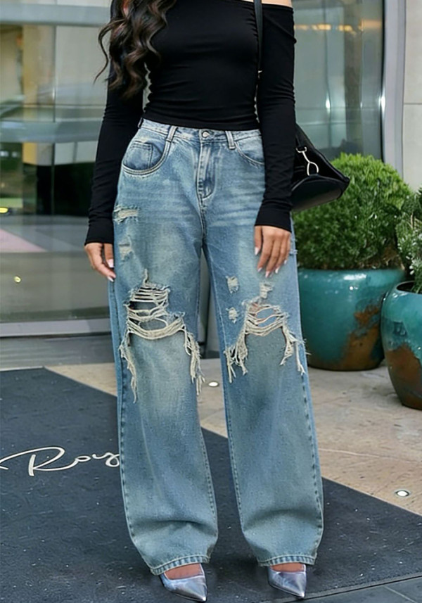 Women Denim Pants Patchwork Ripped Straight Jeans