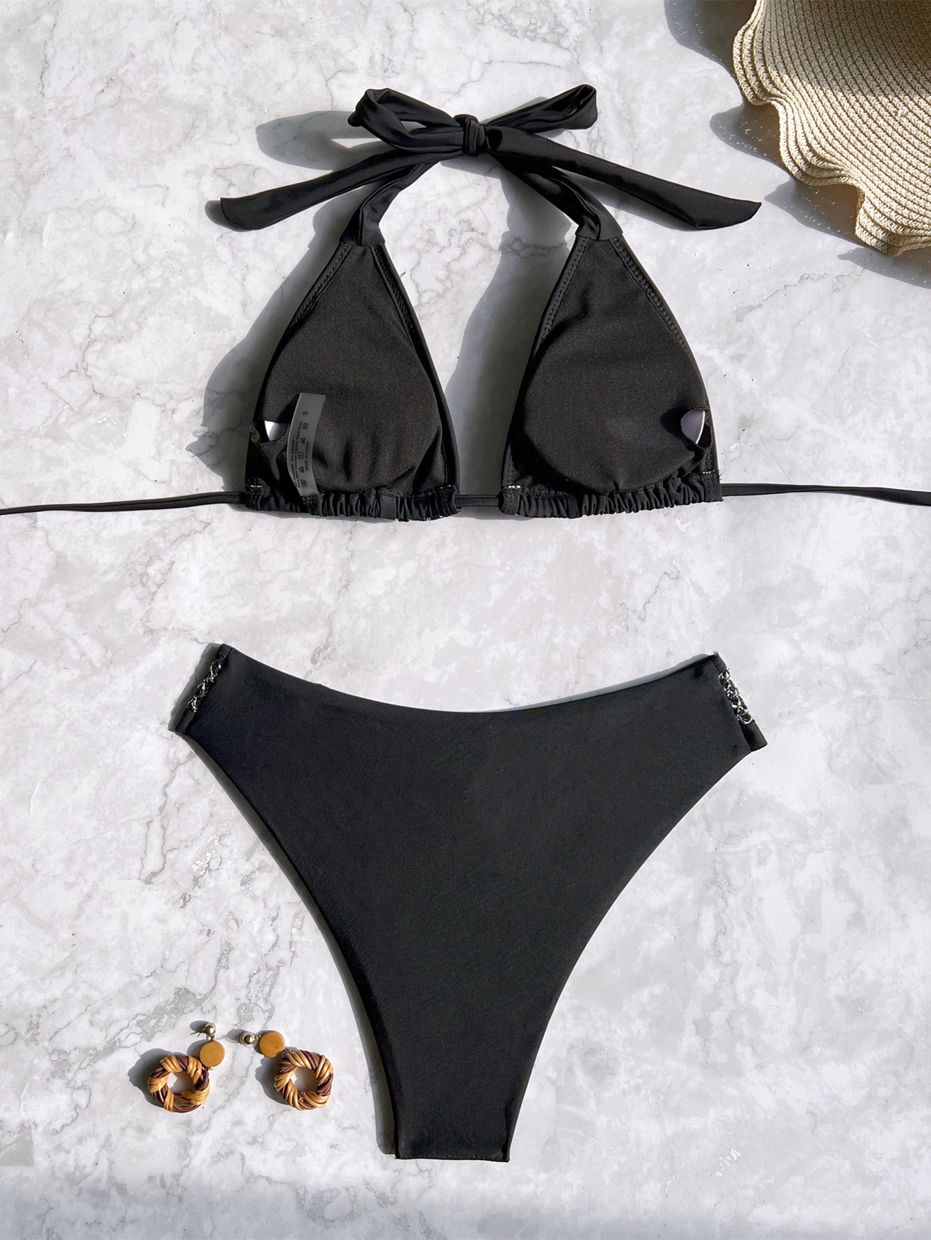 Solid Halter Neck Lace-Up Bikini for Beach Holidays