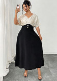 Women Plus Size Summer Dress Slim Waist V Neck Contrast Color Elegant Dress