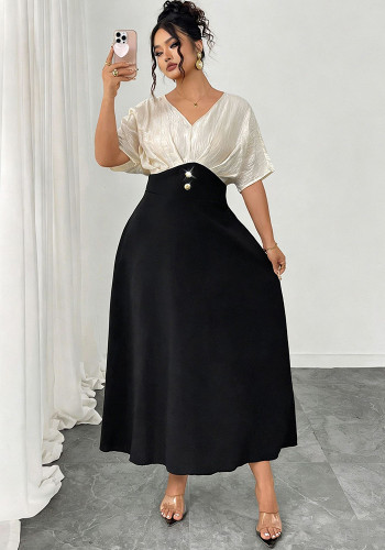 Women Plus Size Summer Dress Slim Waist V Neck Contrast Color Elegant Dress