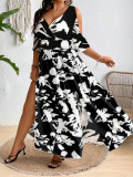 Women Plus Size Vacation Dress Print V-neck Slit Maxi Dress