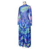 Women Maxi Dress Abstract Print Mesh Patchwork Stand Collar Gown