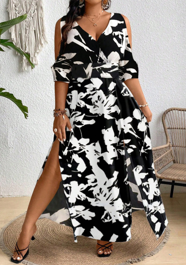 Women Plus Size Vacation Dress Print V-neck Slit Maxi Dress