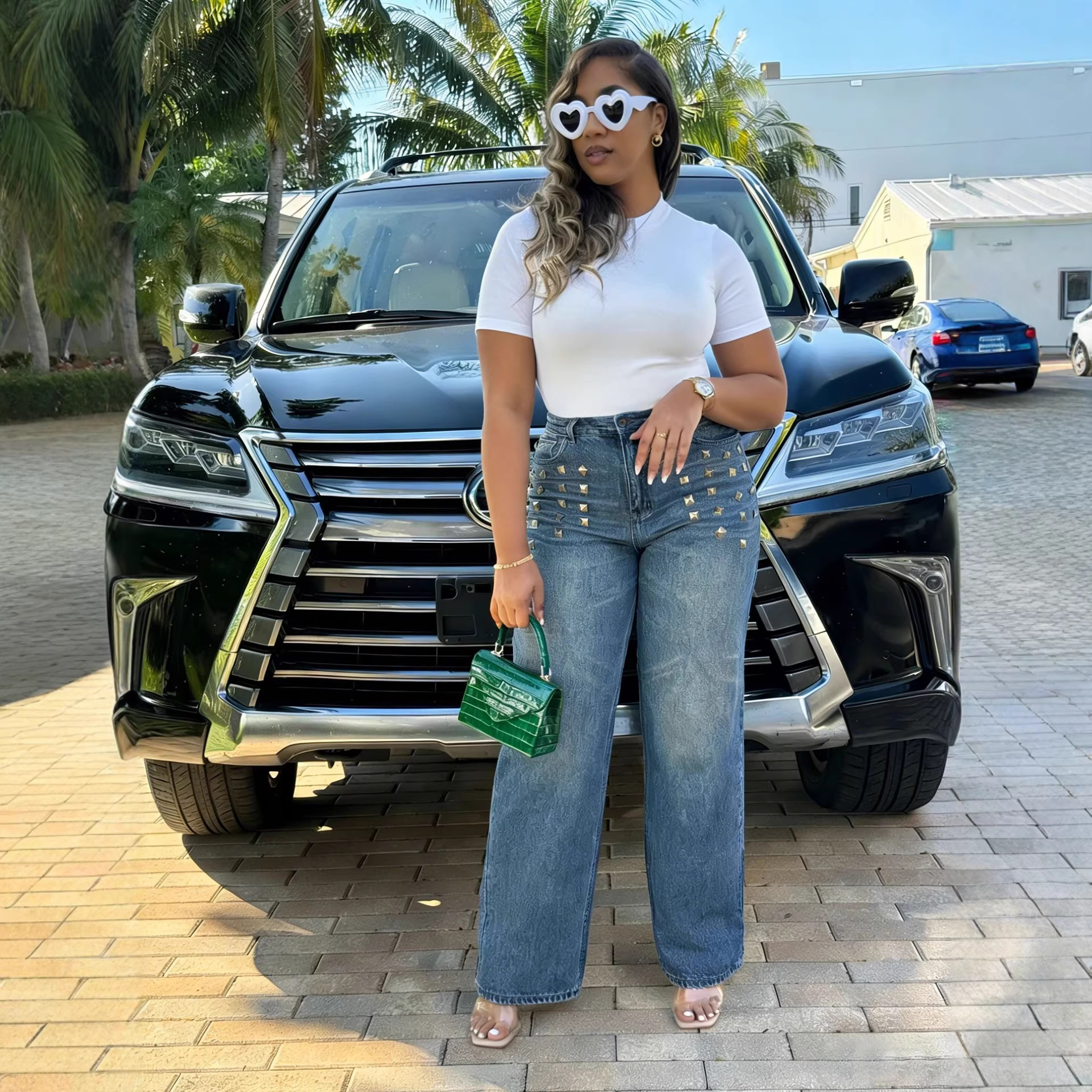 Studded Straight Denim Jeans for Casual Streetwear