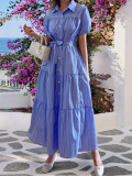 Women Plus Size Dress Chic Slim Waist Blue Shirt Dress Elegant