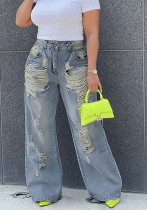 Women Denim Pants Ripped Washed Straight Jeans