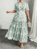 Women Plus Size Maxi Dress Slim Waist Pleated Print Long Dress