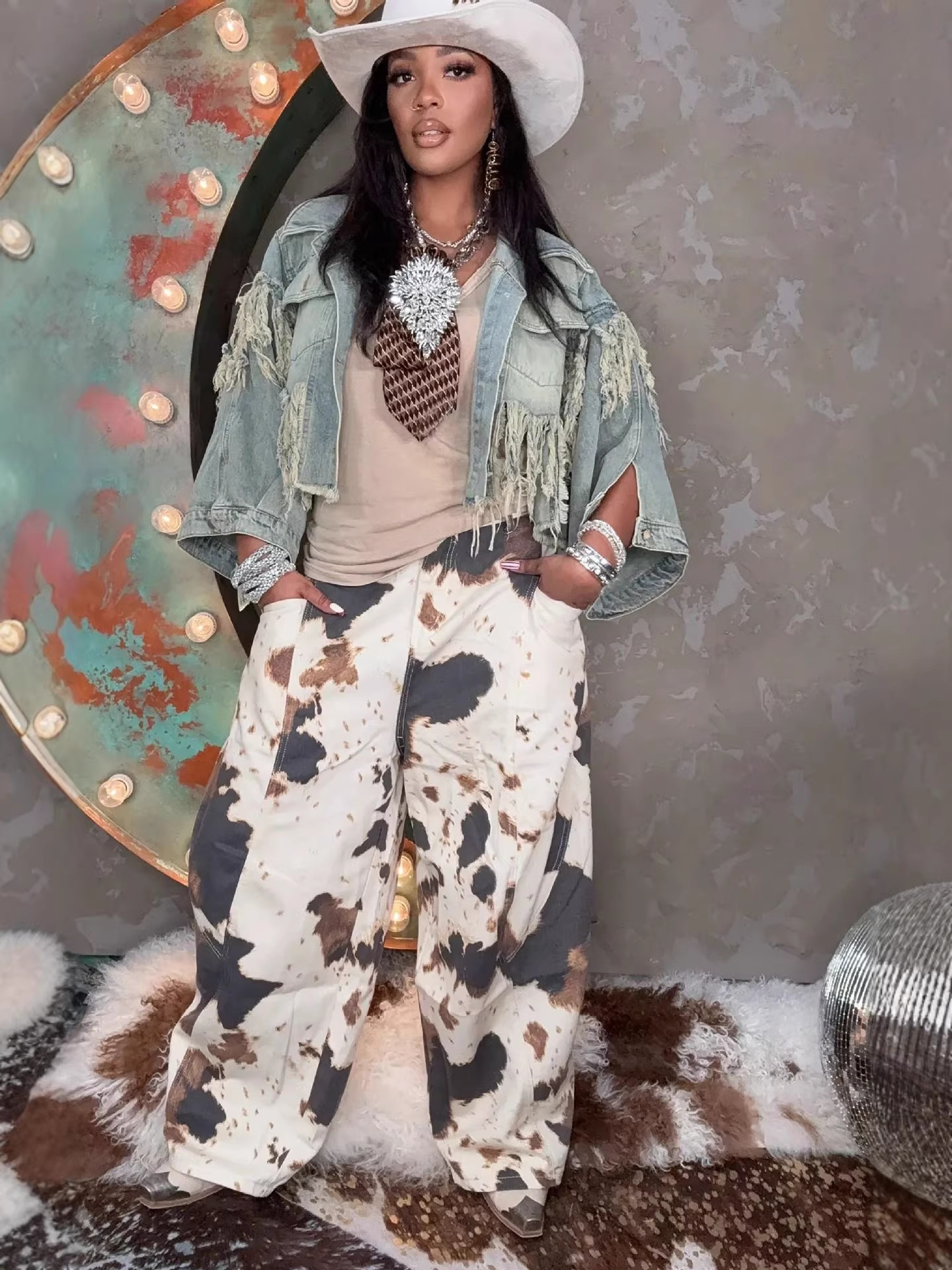 Cow Print Straight Jeans for Western Style Streetwear