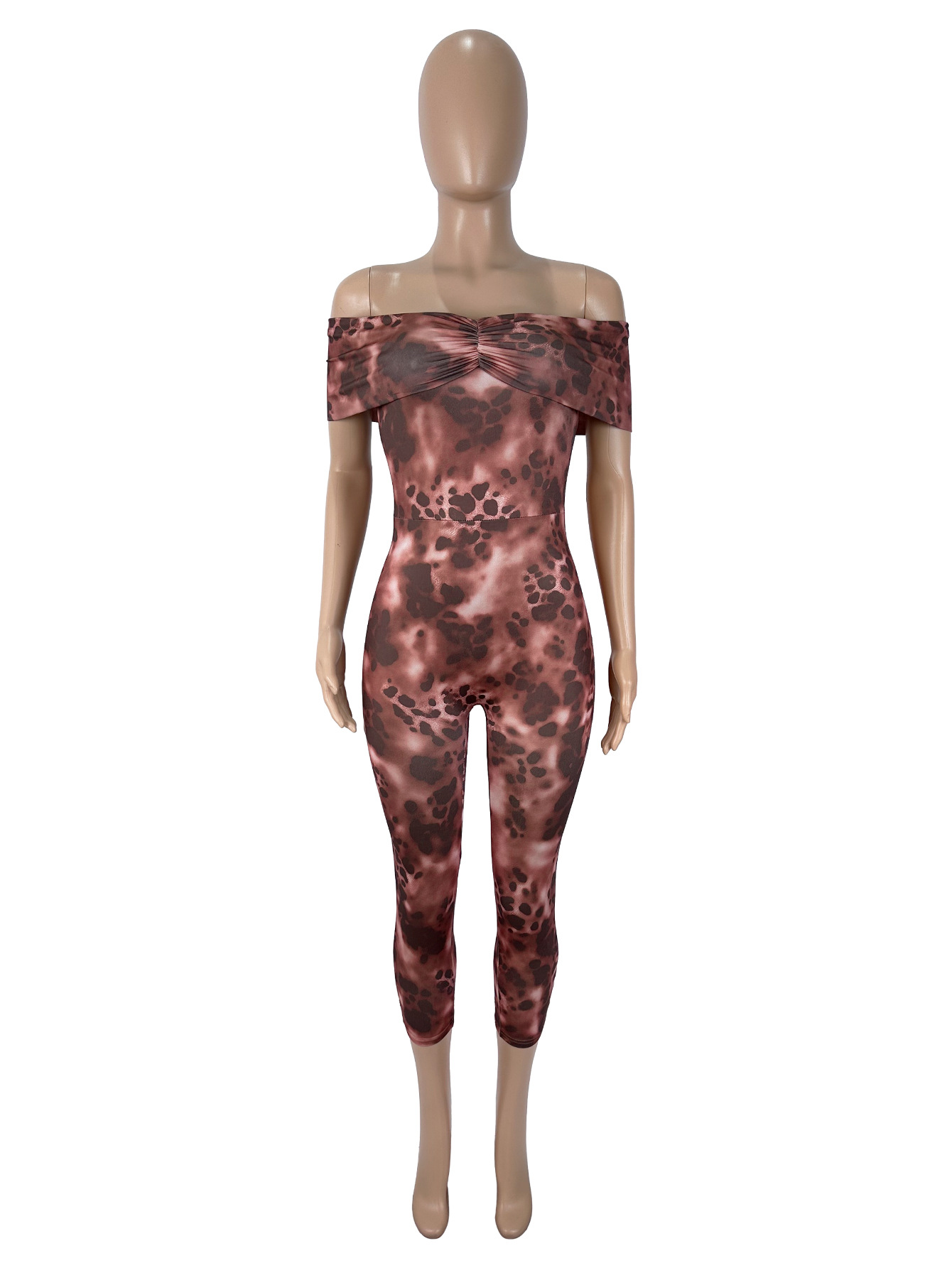 Leopard Print Off-Shoulder Ruched Romper for Parties