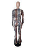 Women Two Piece Set Snake Print Long Sleeve Top Bell Bottom Pants Outfit