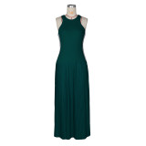 Women Maxi Dress Striped Sleeveless Pleated Slim Waist Long Dress