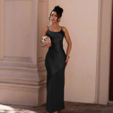 Women Evening Dress Satin Chiffon Patchwork Strap Maxi Dress