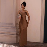 Women Evening Dress Satin Chiffon Patchwork Strap Maxi Dress