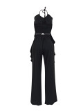 Women Fashion Two Piece Set Halter Neck Irregular Top Pants Set Sexy Outfit