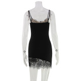 Women Mini Dress Lace Patchwork Strap Sexy Short Dress