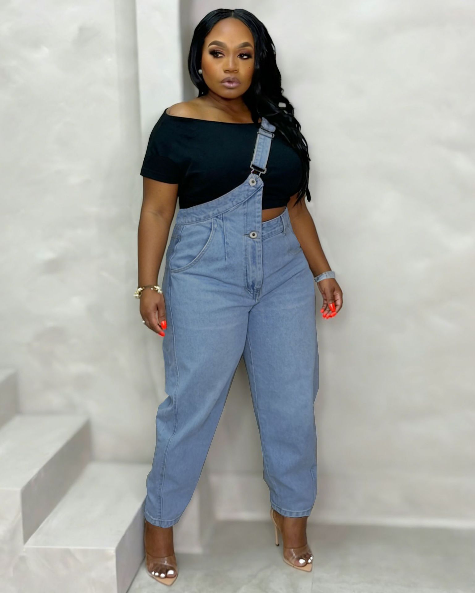 Asymmetrical Strap Straight Denim Jeans for Streetwear