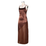 Women Evening Dress Satin Chiffon Patchwork Strap Maxi Dress