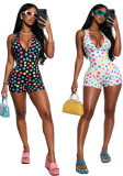 Women Polka Dot Print Shorts Halter Neck Deep V Low Back Stretch Casual Romper